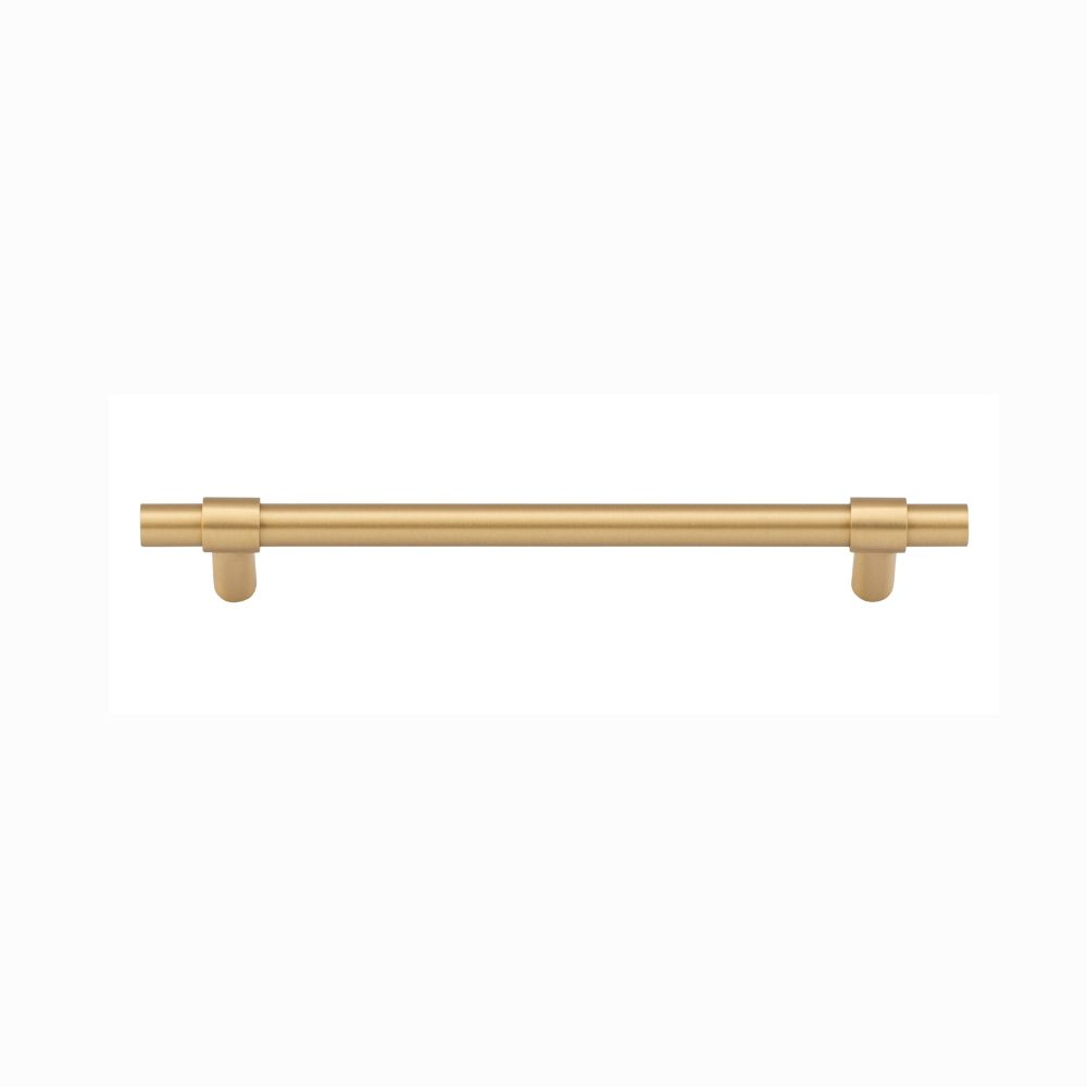 Helsinki cabinet pull in brushed brass with refined architectural detailing