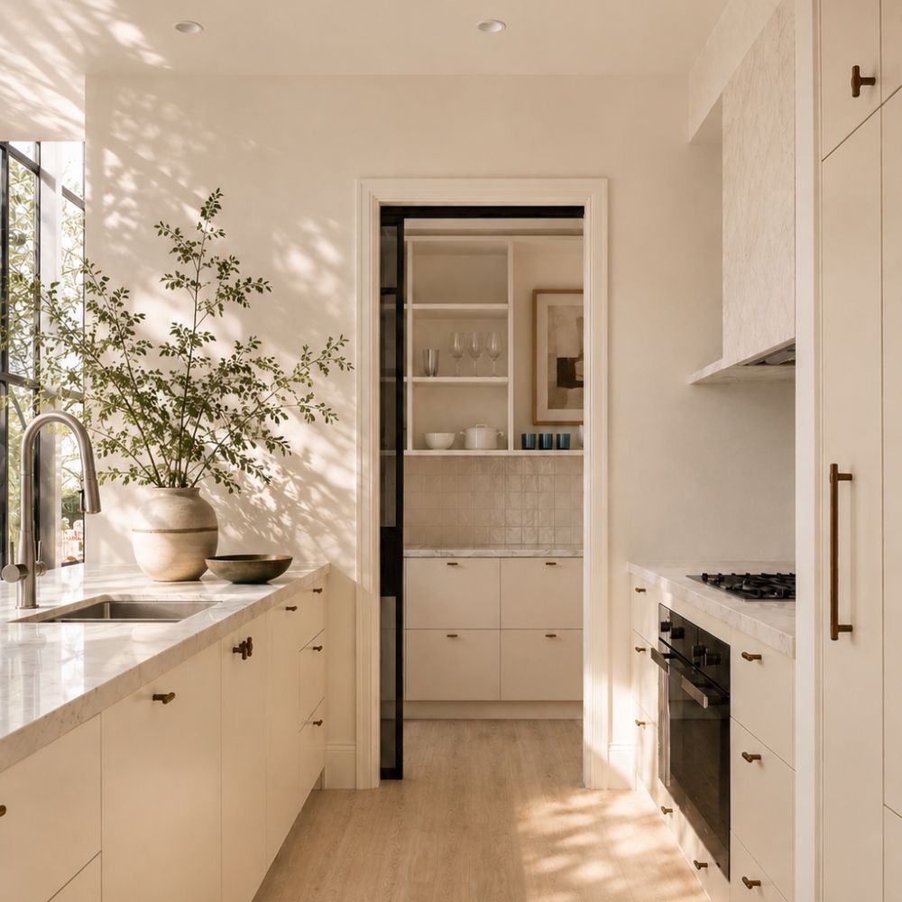 Contemporary coastal kitchen with bronze hardware in spring light