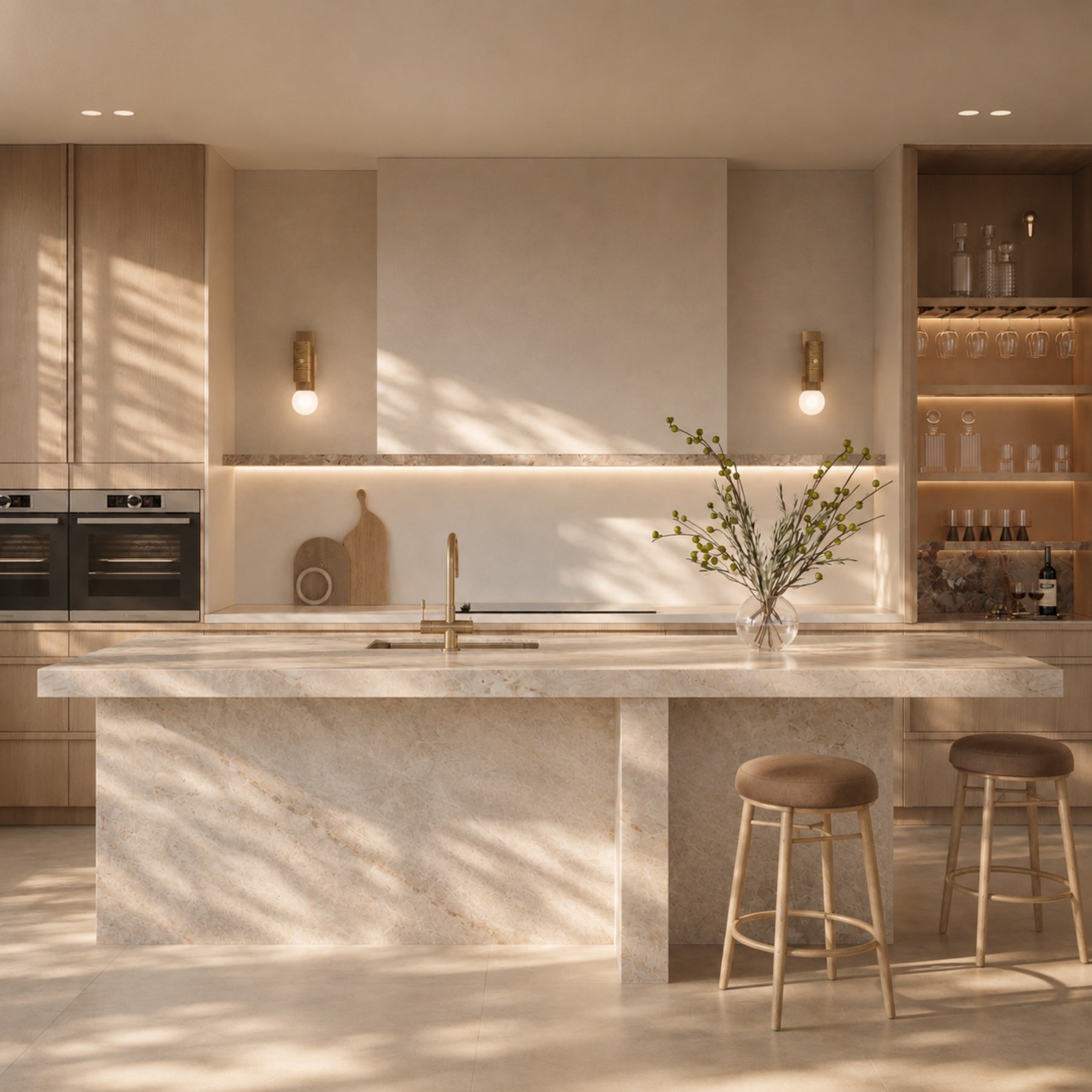 Coastal architectural kitchen with brushed brass, textured Taj Mahal quartzite and warm natural light