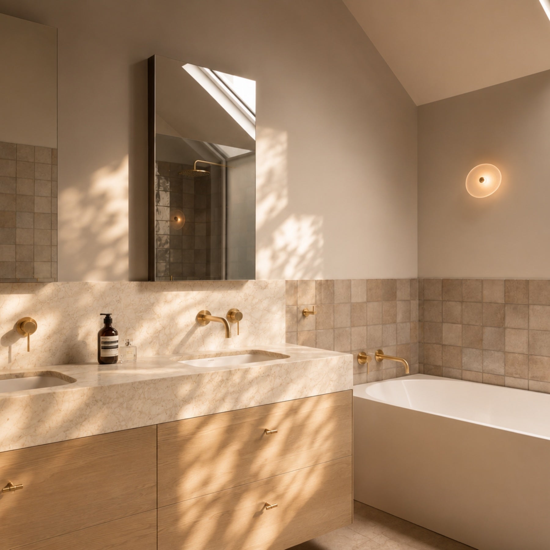 Warm coastal bathroom featuring brushed brass finishes, pale oak flooring and textured natural stone