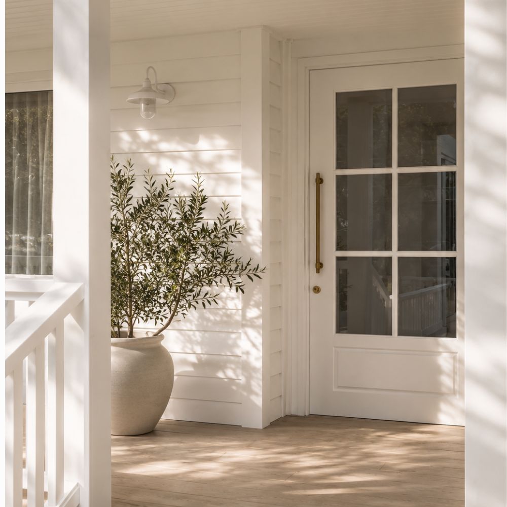 White door with glass panels on a porch with a potted plant and bronze pull handle