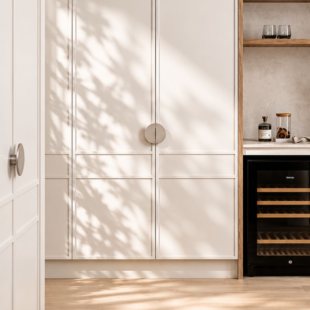 Brushed nickel kitchen hardware against warm white cabinetry