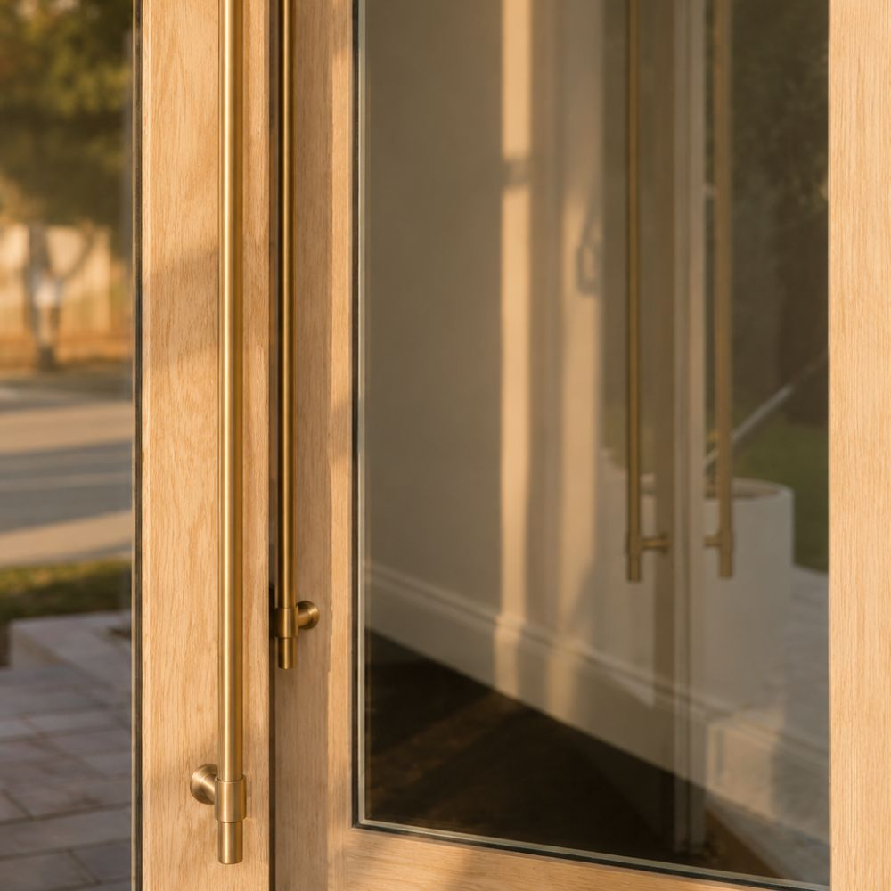 Elegant doorway with brass handle reflections