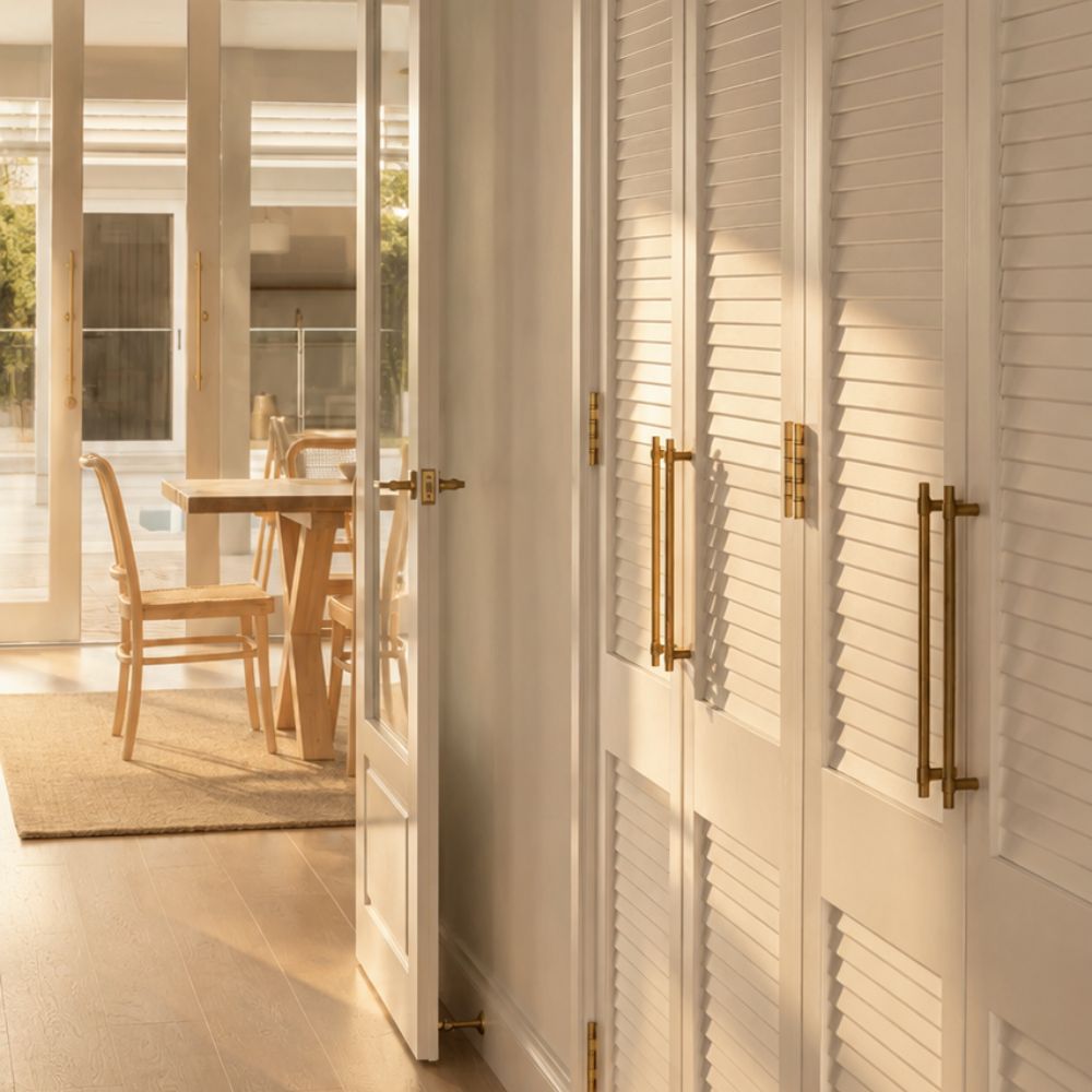 Coastal wardrobe with brushed brass handles in afternoon light