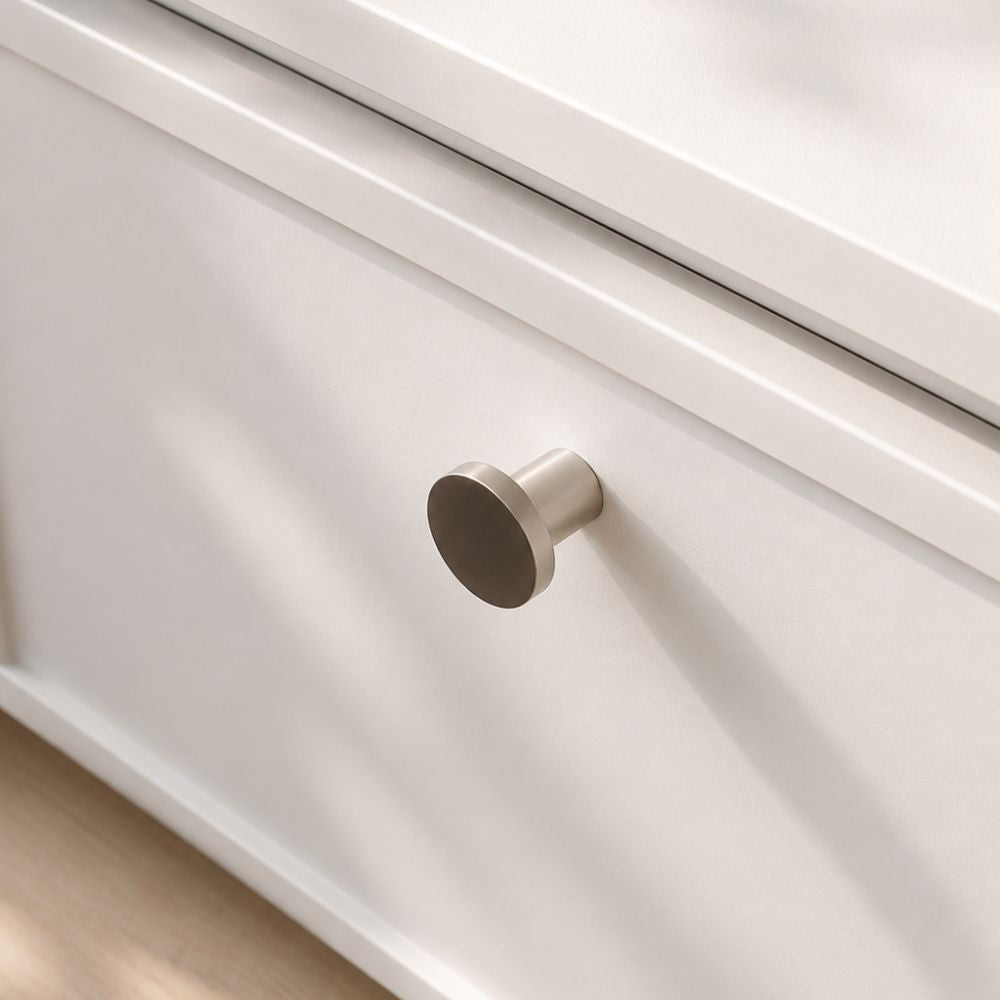 Brushed nickel cabinet knob for coastal and contemporary interiors